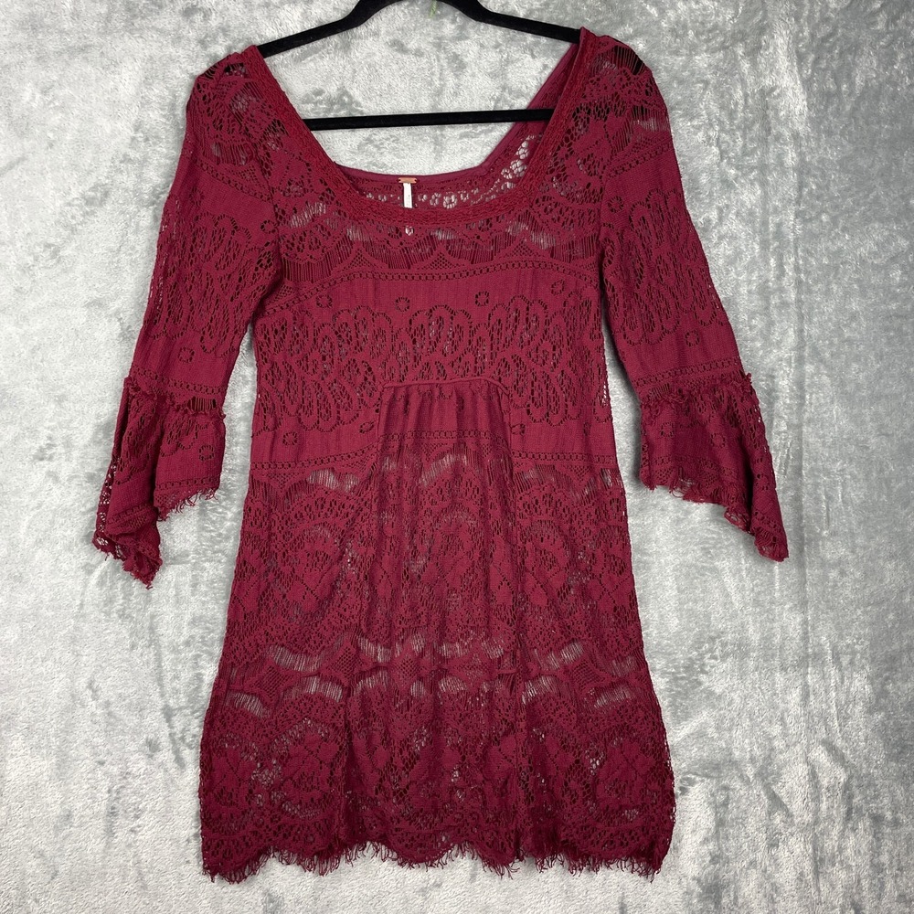 Free People Crochet Mini‎ dress Size XS Burgundy Whimsigoth Fairy Witchy Flaw